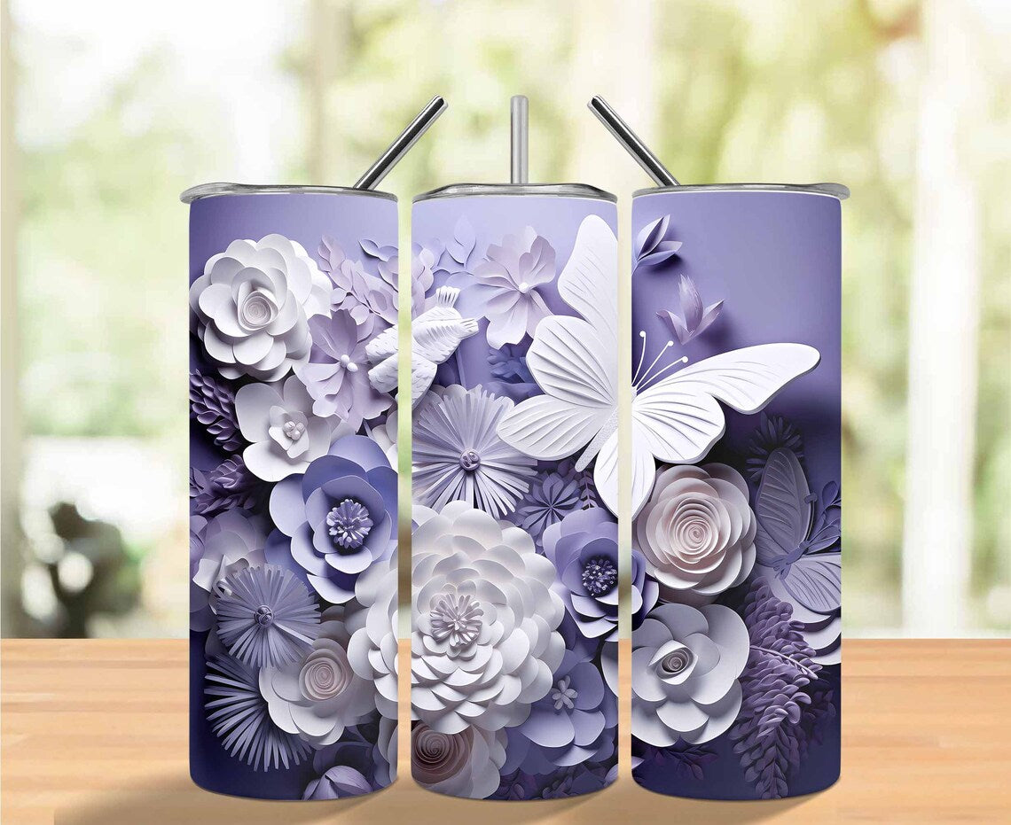 Blue Purple Flowers Butterflies 20 oz Skinny Tumbler