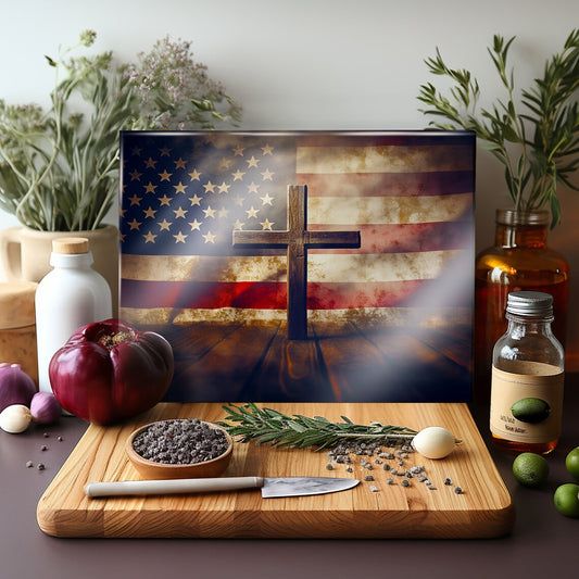 American Flag & Cross Glass Cutting Board