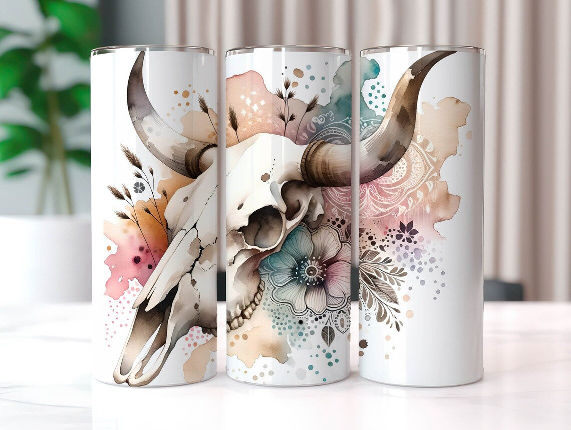 Floral Watercolor Cow Skull Western Tumbler