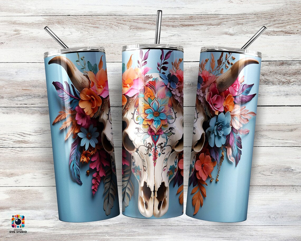 Cow Skull & Colorful Flowers Tumbler