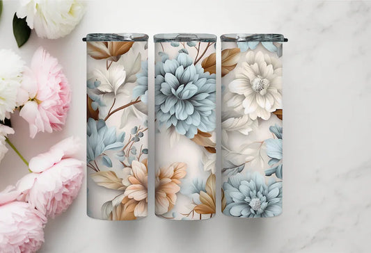 3D Boho White Blue Peach Flowers Tumbler