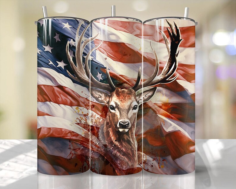 Deer with US Flag 20oz Skinny Tumbler