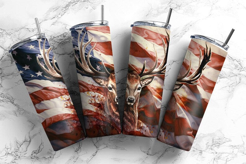 Deer with US Flag 20oz Skinny Tumbler