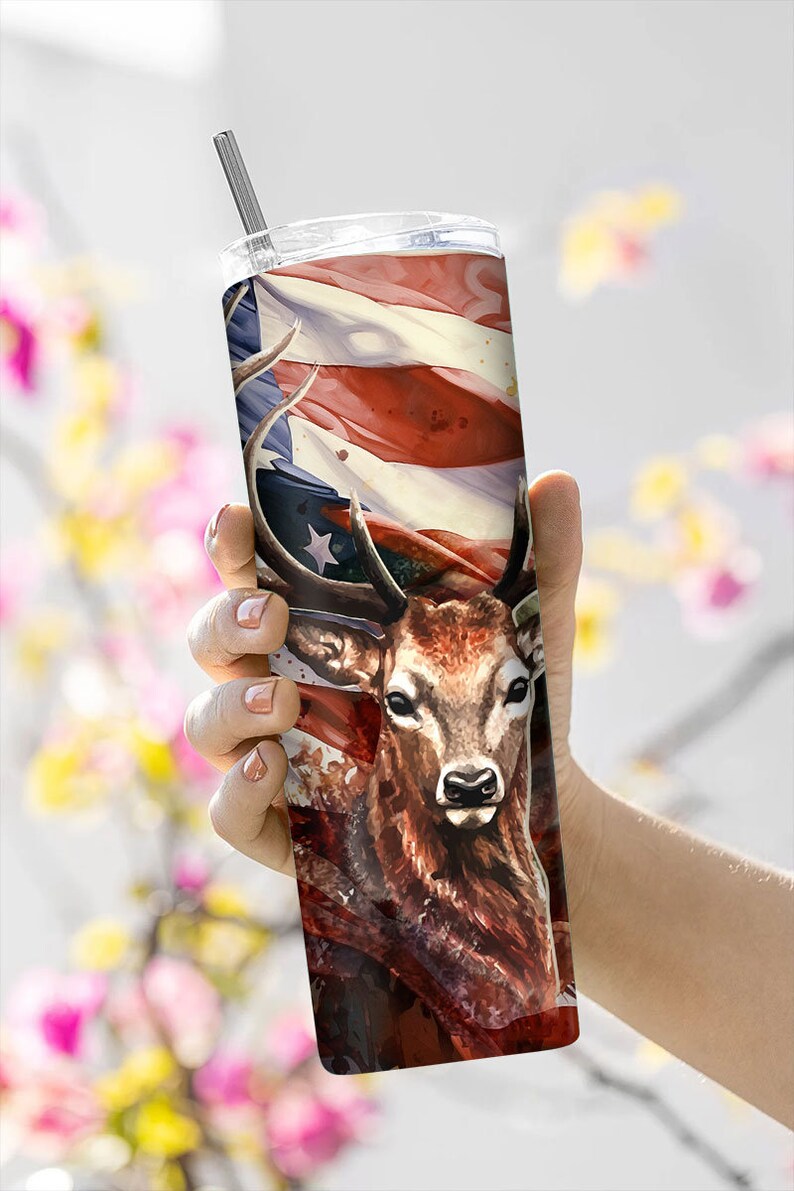 Deer with US Flag 20oz Skinny Tumbler