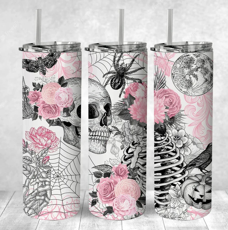 Pink Gothic Skull and Flowers Tumbler