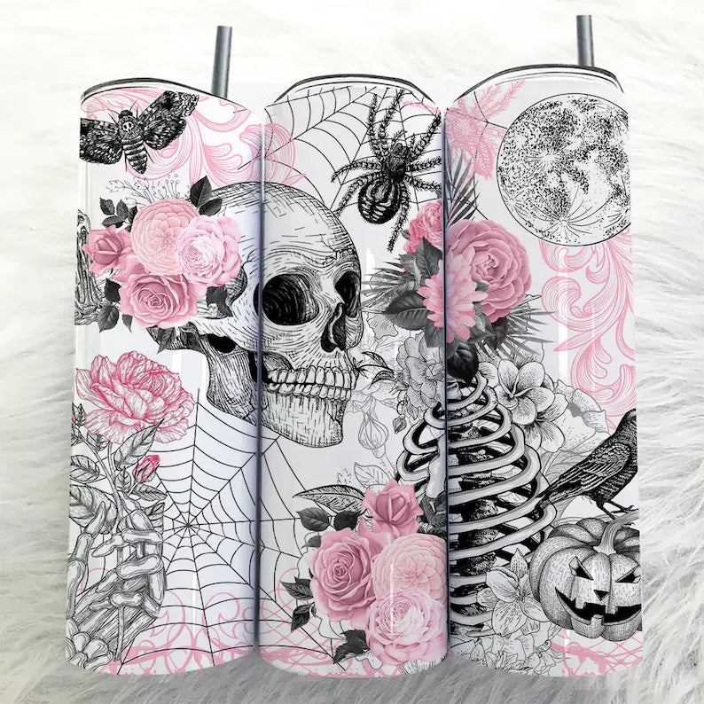 Pink Gothic Skull and Flowers Tumbler