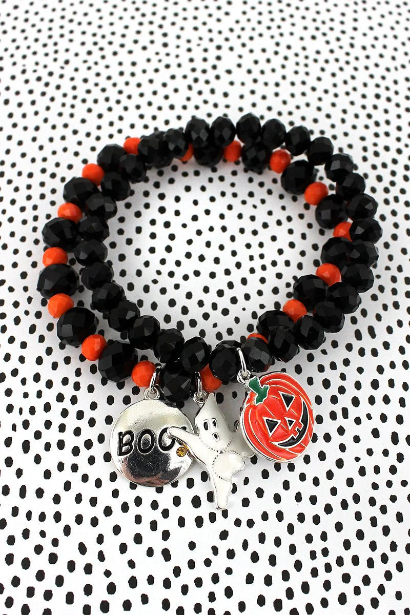 LIMITED QUANTITY! GHOST, JACK-O'-LANTERN, AND 'BOO' CHARM BLACK AND ORANGE BEADED BRACELET SET