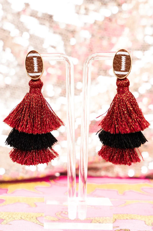 KICK IT RED AND BLACK FOOTBALL TIERED TASSEL EARRINGS